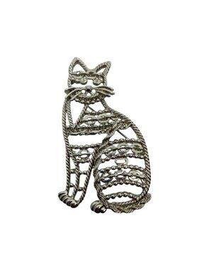 Vtg Cat Silver-Tone Metal Brooch Openwork Design 3" Elegant Statement Pin